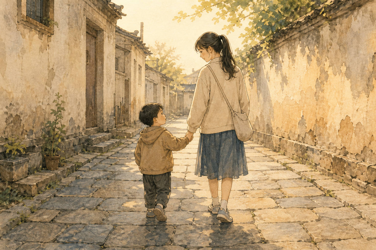 五六岁的小男孩牵着十六七岁的小姨,走在高高低低、坑坑洼洼的青石板路上